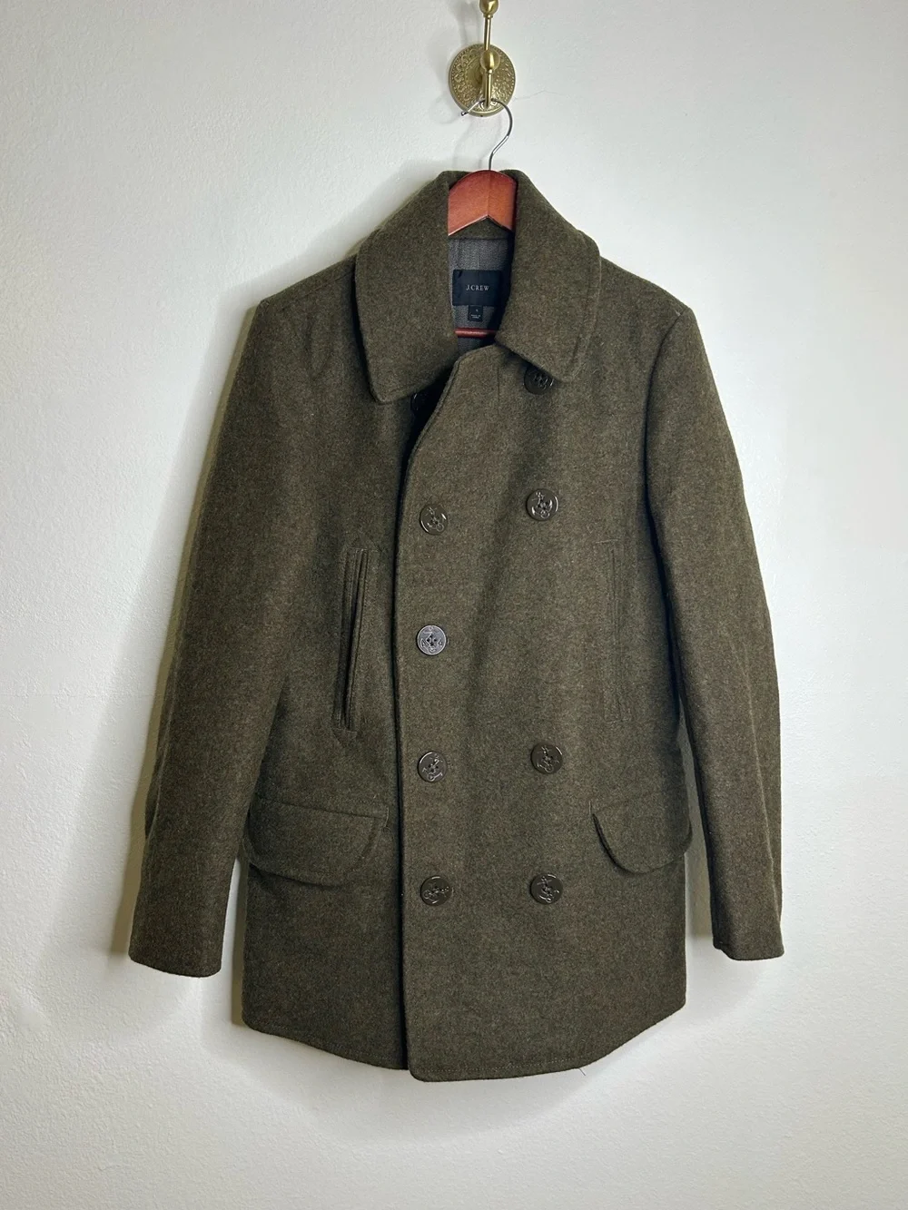 J. Crew 100% Wool Army Green Double Breasted Peacoat Size Small